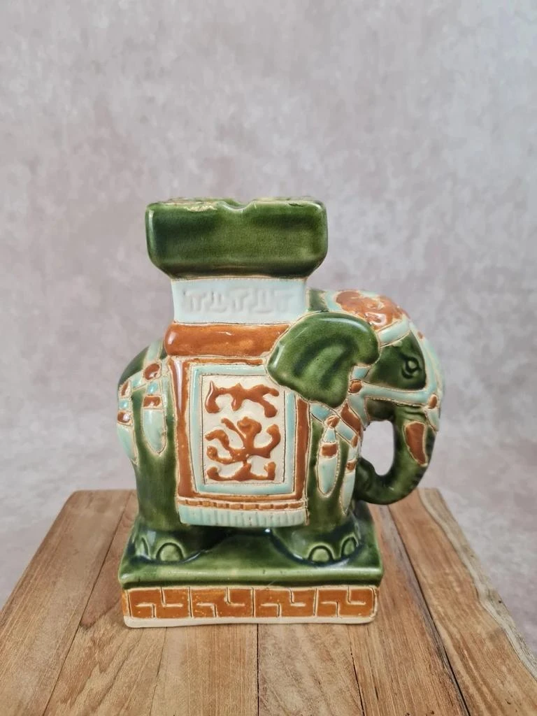 🐘 Groene en oker geëmailleerde keramische olifant asbak - vintage Aziatische stijl – photo 5